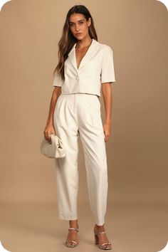 [PaidLink] Ivory Pants - High-Waisted Pants - Trouser Pants - Pleated Pants - Lulus #trouserpantsoutfits Cropped Blazer Dress, Short Sleeve Blazer Outfit, Short Blazer Outfits, Crop Blazer Outfit, Cropped Blazer Outfit, High Waisted Trouser Pants, Summer Business Casual Outfits, Short Jackets, Short Blazer