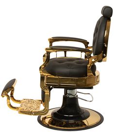 a gold and black barber chair on a white background