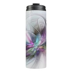 a white and purple water bottle with an abstract design on the front, in black lid