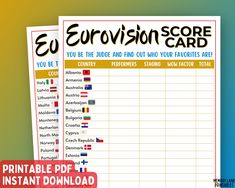 the printable eurovision score card is shown in two different colors and font, with an