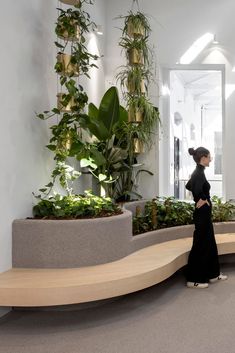 a woman is standing in an office with plants on the wall behind her and a curved bench next to it