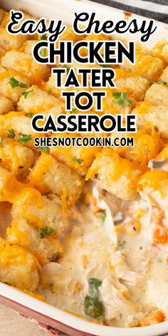 Chicken tater tot casserole in a red casserole dish. Cheesy Chicken Tater Tot Casserole, Easy Weeknight Casseroles, Cheesey Chicken, Easy Cheesy Chicken, Chicken Tater Tot Casserole, Tater Tot Casserole Recipe, Tater Tot Recipes, Tater Tot Casserole Recipes, Tot Casserole