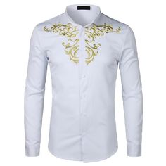 PARKLEES Men's Fashion Luxury Golden Floral Embroidery Design Dress Shirt Embroidery Design Dress, Embroidery Shirt Men, Chinese Shirt, Korean Shirt, Style Anglais, Social Dresses, Tuxedo Dress, Tuxedo Shirts, Shirt Embroidery