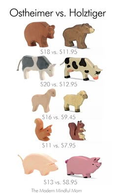 the different types of wooden animals are shown