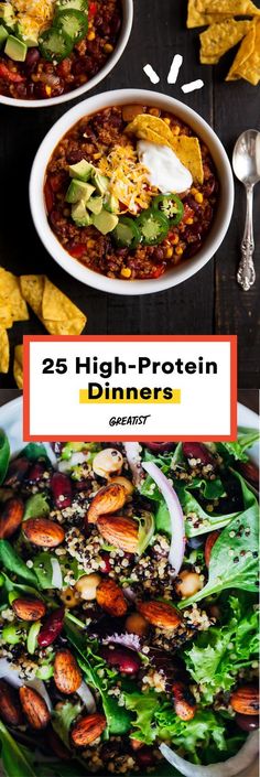 two bowls filled with different types of food and the words 25 high - protein dinners