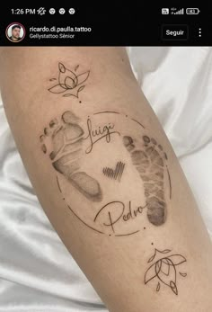 a person with a tattoo on their arm that says, juicy pedix and foot prints