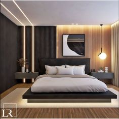 an image of a modern bedroom setting with white and black decor on the walls, along with wood flooring