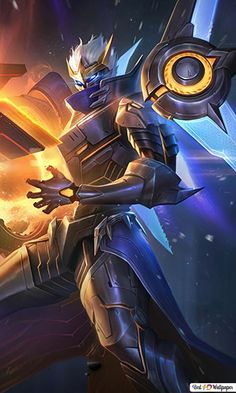 the mobile legend character is holding his arm out in front of an orange and blue background