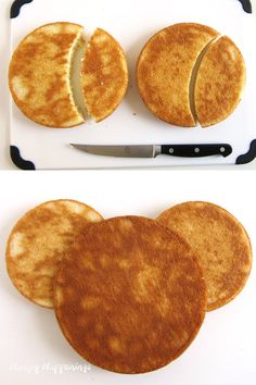 two pictures of pancakes cut in half on a cutting board with a knife next to them