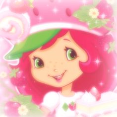 a cartoon girl with pink hair and green hat