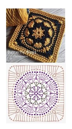 two pictures with different designs on them, one is crocheted and the other has yarn