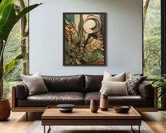 a living room filled with furniture and lots of plants on the wall next to a window