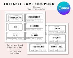 editable love coupons with the text, change and color for each item in this package