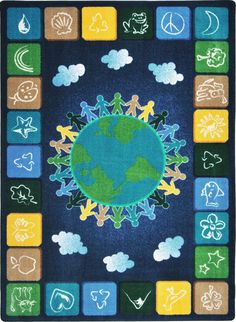 the earth rug has many different colors and shapes on it, including children's hands