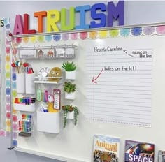 a bulletin board with writing on it next to other school supplies and magnets,