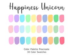 a poster with the words happiness unicorn on it and colorful squares in pastel colors