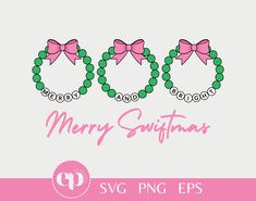 three green beads with pink bows and merry santa's name on the side, in front of a white background