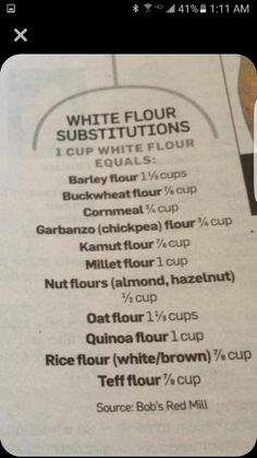 the menu for white flour is shown in black and white letters, with information about their ingredients