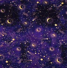 an image of the stars and moon pattern on a purple background with gold circles, crescents, and sunbursts