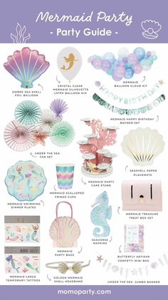 the mermaid party guide is shown in purple and blue colors, including balloons, paper fans,