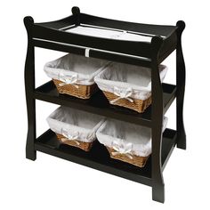 three tiered shelf with plastic bags on the bottom and two shelves above it, each holding