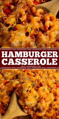 the cover of hamburger casserole is shown with wooden spoons