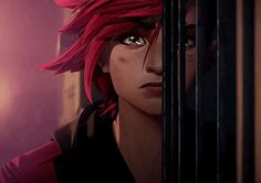 an anime character with red hair looks out from behind bars in front of a window