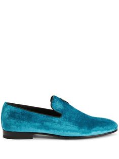 blue leather velvet logo plaque at the tongue slip-on style almond toe Blue Shoes Men, Velvet Loafers, Blue Shoes, Blue Velvet, Giuseppe Zanotti, Blue Leather, Loafer Shoes, Loafers Men, Shoes Mens