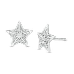 Surprise him with these unique diamond stud earrings. Fashioned in sterling silver, each earring showcases shimmering diamonds within a star-shaped frame. Radiant with 1/20 ct. t.w. of diamonds and a brilliant buffed luster, these earrings secure with screw backs. Mens Diamond Stud Earrings, Rivet Jewelry, Sun Crafts, Mens Rings Wedding Diamond, Silver Pendant Lighting, Stud Earrings For Men, Star Stud Earrings, Star Earrings Stud, Diamond Star