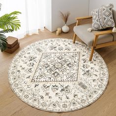 a living room area with a chair, rug and potted plant on the floor