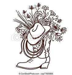 a cowboy boot with flowers and a hat on it's head is drawn by hand