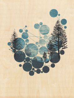 an image of some trees and circles on a white paper with blue dots in the middle