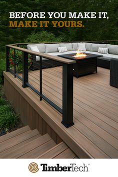 a fire pit sitting on top of a wooden deck