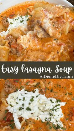 this easy lasagna soup is loaded with pasta, meat and cheese it's ready to be eaten