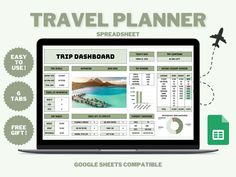 the travel planner spreadsheet is displayed on a laptop screen with an airplane in the background