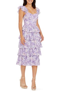 Dress the Population Kristen Floral Ruffle Tier Midi Dress | Nordstrom Semi Formal Summer Dresses, Purple Dress Casual, Casual Cocktail Dress, Sweetheart Neck Dresses, Lavender Dress, Floral Ruffle Dress, Purple Floral Dress, Mint Dress, Wedding Guest Attire