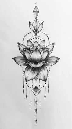 a black and white drawing of a lotus flower with an intricate design on the side