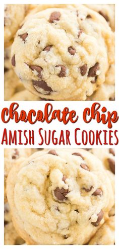 chocolate chip amish sugar cookies stacked on top of each other with text overlay