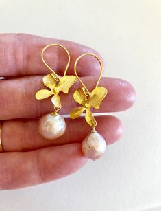 Cherry Blossom Earrings, Champagne Pink, Aquamarine Earrings, Earrings Wire, Baroque Pearl Earrings, Pink Orchids, Nature Inspired Jewelry, June Birthstone, Handmade Copper