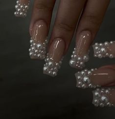 Pearls French Nails, French And Pearl Nails, French Nails With Rhinestones Diamonds, Pearl Prom Nails, Pearl And Diamond Nails, Nails With Pearls And Diamonds, French Diamond Nails, Diamond French Tip Nails, Pearl Acrylic Nails