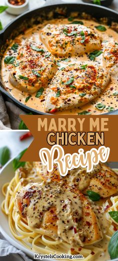 chicken parmesan recipe in a skillet with text overlay that reads marry me chicken parmesan