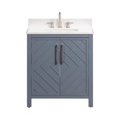 a bathroom vanity with a sink and two faucets on the top, against a white background