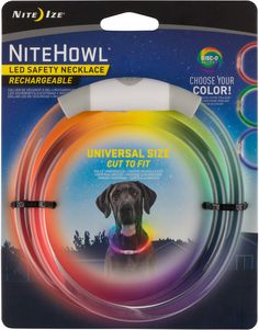 the neon glow dog toy is packaged in a package with its collar and leash attached to it