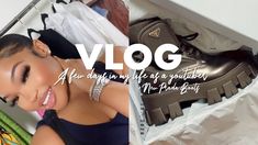 an image of a woman in a shoe box with her hand on her hip and the words vlog above it