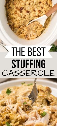 Collage of crock pot turkey and stuffing casserole at top and bottom. Turkey And Stuffing Casserole, Turkey Stuffing Casserole, Crock Pot Turkey, Crockpot Stuffing, Turkey And Stuffing, Best Stuffing, Easy Turkey Recipes, Small Slow Cooker, Turkey Casserole