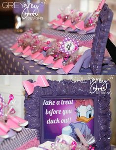 there are two pictures with pink and purple bows on them, one is in the shape of a frame