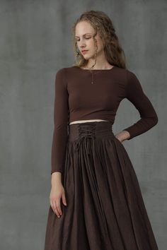 Cozycore Fashion, Dark Brown Skirt Outfit, Brown Skirt Outfit, Maxi Linen Skirt, Tea Dance, Red Apron, Fair Lady, Brown Skirts, Dyed Linen