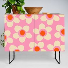 Modern Credenza Cupboard | Maisie Flowers Pink Retro Floral Pattern Orange Cream by Kierkegaard Design Studio - Black - Walnut - Society6 Colorful Bedroom Wall Decor, Retro Floral Pattern, Pink Retro, Modern Credenza, Funky Furniture, Flowers Pink, Office Cabinets, Bar Carts, Orange Cream