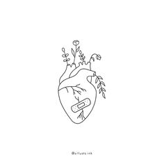 a drawing of a human heart with flowers and leaves on it's left side