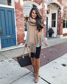 striped shirt, oversized scarf, OTK boots Leggings Outfit Fall, Boot Outfits, Boots Outfits, Black Leggings Outfit, Otk Boots, Fall Leggings, Pretty Pins, Stripe Tee